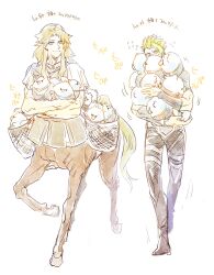 2boys achilles_(fate) animal basket bird blonde_hair bracer centaur chiron_(fate) closed_mouth creature fate/apocrypha fate/grand_order fate_(series) full_body green_eyes green_hair hands_up harukazu highres holding holding_animal hooves horse_tail long_hair looking_at_another male_focus monster_boy multiple_boys pale_color short_hair short_sleeves simple_background smile standing tail taur translation_request walking white_background white_tunic rating:General score:2 user:danbooru