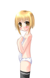  1girl artist_request black_thighhighs blonde_hair blush brown_hair collarbone fruits_basket holding holding_clothes holding_shirt loli looking_at_viewer open_mouth panties shirt unworn_shirt short_hair souma_kisa standing thighhighs topless underwear white_background white_panties white_shirt  rating:Questionable score:3 user:Rubel