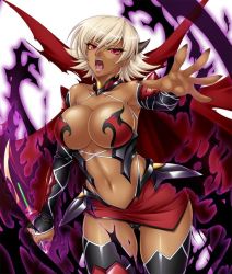  00s 1girl armpits bare_shoulders breasts cameltoe cape claws cleavage colored_sclera corruption curvy dark-skinned_female dark_persona dark_skin detached_sleeves fangs female_focus horns igawa_sakura kagami_hirotaka large_breasts lilith-soft looking_at_viewer navel open_mouth outstretched_arm outstretched_hand pink_eyes revealing_clothes short_hair solo taimanin_(series) taimanin_asagi taimanin_asagi_kessen_arena tan white_hair wide_hips yellow_sclera  rating:Questionable score:64 user:fakyuh