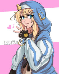  1boy black_gloves blonde_hair blue_eyes blue_jacket bridget_(guilty_gear) gloves guilty_gear heart highres hood hooded_jacket jacket kariksart long_hair long_sleeves looking_at_viewer male_focus nail_polish parted_lips pink_background pink_nails smile solo trap two-tone_background upper_body w white_background 