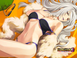 1girl bikini breasts cleavage copyright_name cross cross_necklace earrings unworn_eyewear freia_kagami fur grey_hair highres jewelry large_breasts lipstick long_hair makeup navel necklace official_art parted_lips purple_lips red_eyes rosary solo sunglasses swimsuit wrestle_angels wrestle_angels_survivor_2 rating:Sensitive score:33 user:danbooru