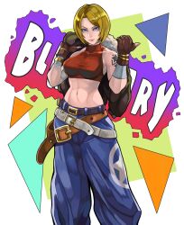  1girl arm_tattoo blonde_hair blue_eyes blue_mary breasts denim fatal_fury fingerless_gloves garter_belt gloves highres jacket jeans large_breasts legs looking_at_viewer midriff navel pants pink_lips short_hair smile snk solo tattoo the_king_of_fighters thighs toned 