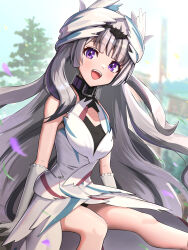  1girl :d absurdres bare_shoulders black_hair blunt_bangs blush commentary dress fire_emblem fire_emblem_engage gonzarez grey_hair highres looking_at_viewer multicolored_hair nintendo open_mouth simple_background sitting sleeveless sleeveless_dress smile solo streaked_hair veyle_(fire_emblem)  rating:Sensitive score:11 user:RIG