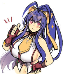  1girl :&gt; antenna_hair bare_shoulders blazblue blush bow breasts gloves hair_between_eyes hair_bow halterneck halterneck hand_up large_breasts long_hair looking_at_viewer mai_natsume midriff navel no_bra ponytail purple_hair red_eyes red_gloves revealing_clothes ribbon sideboob sidelocks simple_background smile solo stomach thumbs_up upper_body uzukinoko very_long_hair white_background yellow_bow 
