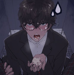  2boys aftersex amamiya_ren bathroom black_hair cum cum_in_mouth cum_on_eyewear cum_on_hands facial glasses highres looking_at_viewer male_focus multiple_boys persona persona_5 pov school_uniform yaoi  rating:Explicit score:45 user:MagicTime