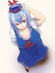  1girl ascot blue_dress blue_hair blue_hat breasts cleavage dress from_above hat hat_ribbon highres kakone kamishirasawa_keine large_breasts looking_up multicolored_hair puffy_short_sleeves puffy_sleeves red_ascot red_eyes ribbon short_sleeves simple_background solo striped_hair touhou two-tone_hair white_background 
