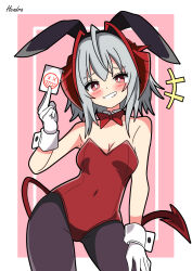  &gt;_&lt; 1girl :d absurdres alternate_costume animal_ears antenna_hair arknights artist_name black_pantyhose blush border bow bowtie breasts bright_pupils card cleavage commentary_request cowboy_shot demon_girl demon_horns demon_tail detached_collar fake_animal_ears gloves grey_hair grin hendra highres holding holding_card horns inset_border leotard looking_at_viewer medium_breasts multicolored_hair notice_lines open_mouth pantyhose pink_background playboy_bunny rabbit_ears red_bow red_bowtie red_eyes red_hair red_leotard short_hair sidelocks smile solo streaked_hair tail w_(arknights) white_background white_gloves white_pupils white_wrist_cuffs wrist_cuffs xd 