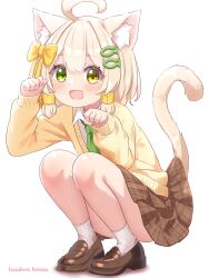 1boy absurdres ahoge animal_ear_fluff animal_ears artist_name blonde_hair blush bow brown_footwear brown_skirt cardigan cat_ears commentary_request convenient_leg fish_hair_ornament full_body green_eyes green_necktie hair_bow hair_ornament hazakura_hinata heterochromia highres huge_ahoge kaya_(hazakura_hinata) loafers long_sleeves looking_at_viewer male_focus necktie open_mouth original paw_pose pleated_skirt school_uniform shoes short_hair simple_background skirt smile socks solo squatting tail_raised tareme trap variant_set white_background white_socks yellow_bow yellow_cardigan yellow_eyes