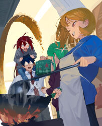  1boy 1girl 3girls ahoge alcohol apron beer blonde_hair blue_hair blue_pants blue_shirt blush brand_name_imitation carrying chaucer_(some1else45) chef_hat collared_shirt constricted_pupils cooking fire food fried_rice glasses green_hair grey_shirt grin hat heineken highres hipa_(some1else45) holding holding_ladle ladle long_hair long_sleeves multiple_girls nahia_(some1else45) necktie opaque_glasses open_mouth original pants red_eyes red_hair red_necktie sekoshi_(some1else45) shirt short_hair shoulder_carry smile socks some1else45 sparkle standing stove white_socks wok 