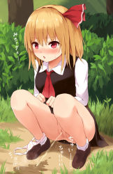 1girl absurdres ascot bad_id bad_pixiv_id black_skirt black_vest blonde_hair blush breasts brown_footwear bush censored commentary_request embarrassed female_focus forest full_body grass hair_between_eyes hair_intakes hair_ribbon hairband highres japanese_text loafers long_sleeves looking_at_viewer miniskirt mosaic_censoring nature no_panties nose_blush open_mouth outdoors panties panties_around_leg parted_lips pee pee_stain peeing puddle pussy red_ascot red_eyes red_hairband red_ribbon ribbon rumia shadow shirt shoes short_hair skirt skirt_set small_breasts socks solo squatting stained_panties steam sweat talking techi_(techi35499) thighs touhou translated tree underwear vest white_panties white_shirt white_socks rating:Explicit score:48 user:danbooru