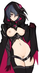 1girl absurdres black_thighhighs blue_hair breasts breasts_out cloak closed_mouth contrapposto distr gloves highres honkai_(series) honkai_impact_3rd hood hood_up hooded_cloak looking_at_viewer medium_breasts navel nipples pussy raven_(honkai_impact) red_eyes short_hair simple_background solo standing sweat thighhighs uncensored white_background rating:Explicit score:75 user:danbooru