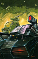  1980s_(style) alien canopy_(aircraft) cloud cockpit commentary damaged dirty dougram english_commentary grenade_launcher highres magazine_scan mecha no_humans official_art oldschool ookawara_kunio painting_(medium) planet promotional_art radio_antenna retro_artstyle robot scan soltic_h8_roundfacer taiyou_no_kiba_dougram the_anime_(magazine) traditional_media weapon window 