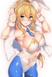  1girl ahoge animal_ears armpits artoria_pendragon_(all) artoria_pendragon_(fate) artoria_pendragon_(swimsuit_ruler)_(fate) bare_shoulders blonde_hair blue_necktie blue_pantyhose blush braid breasts cleavage clothing_cutout cowboy_shot detached_collar fake_animal_ears fate/grand_order fate_(series) fishnet_pantyhose fishnets french_braid green_eyes hair_between_eyes hands_up highleg highleg_leotard highres kawai_(purplrpouni) large_breasts leotard long_hair looking_at_viewer navel navel_cutout necktie pantyhose parted_lips playboy_bunny ponytail rabbit_ears rabbit_pose sidelocks simple_background solo thigh_strap tiara white_background white_leotard wrist_cuffs  rating:Sensitive score:17 user:danbooru