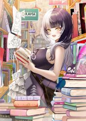  1girl absurdres bare_arms bare_shoulders black_hair black_nails blunt_bangs blurry blush book bookstore breasts cleavage depth_of_field dress english_text from_side ha_uiyeon highres holding holding_book hololive hololive_english indoors large_breasts layered_dress long_hair looking_at_viewer multicolored_hair open_mouth pink_ribbon ribbon shiori_novella shop sideboob smile split-color_hair virtual_youtuber white_hair yellow_eyes 