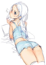  1girl ass blue_eyes branch_(blackrabbits) child female_focus flat_chest long_hair looking_back lying on_stomach partially_colored reading sexually_suggestive shorts sketch solo thighhighs white_background  rating:Sensitive score:78 user:plum_puss
