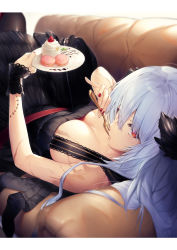 1girl absurdres alternate_costume bare_shoulders black_dress black_pantyhose blue_hair breasts cake cleavage commentary couch dabuki dress eyes_visible_through_hair food fork girls&#039;_frontline hair_between_eyes hair_ornament highres holding holding_fork holding_plate huge_filesize large_breasts looking_at_viewer lying macaron nail_polish official_alternate_costume on_back pantyhose plate red_eyes red_nails scar silver_hair staple symbol-only_commentary thunder_(black_swan&#039;s_dream)_(girls&#039;_frontline) thunder_(girls&#039;_frontline) utensil_in_mouth wristband rating:Sensitive score:20 user:danbooru