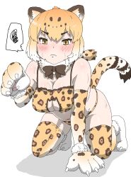  1girl absurdres all_fours alternate_costume animal_ears animal_hands bare_shoulders bikini blonde_hair blush bow bowtie brown_bow brown_bowtie cat_cutout clothing_cutout elbow_gloves embarrassed fur_collar gloves hair_between_eyes highres jaguar_(kemono_friends) jaguar_ears jaguar_girl jaguar_print jaguar_tail kemono_friends kumasyan1998 looking_at_viewer midriff multicolored_hair paw_gloves print_bikini print_gloves print_thighhighs short_hair solo spaghetti_strap spoken_squiggle squiggle swimsuit tail thighhighs wavy_mouth white_fur white_hair yellow_eyes 