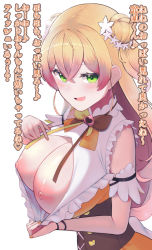  1girl blonde_hair blush bow bowtie breasts breasts_out chijo cleavage_cutout clothes_pull clothing_cutout cross-laced_clothes crossed_bangs double_bun dress dress_pull fang female_pervert flower frilled_dress frills from_side gradient_hair green_eyes hair_behind_ear hair_between_eyes hair_bun hair_flower hair_ornament hololive large_breasts long_hair looking_at_viewer momosuzu_nene multicolored_hair musical_note nail_polish nipples open_mouth orange_nails pervert pointing pointing_at_self pointy_breasts shumichi sidelocks simple_background sleeveless sleeveless_dress smile solo translation_request two_side_up underbust upper_body virtual_youtuber white_background 