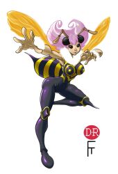 1girl antennae arthropod_girl artist_request bee_girl breasts compound_eyes covered_erect_nipples hands_up highres insect_girl insect_wings large_breasts looking_at_viewer non-web_source outstretched_arm outstretched_leg purple_hair q-bee short_hair simple_background solo standing standing_on_one_leg two-tone_bodysuit vampire_(game) wings