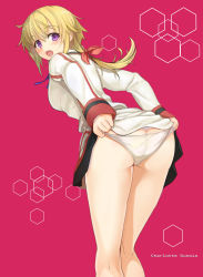  10s 1girl adjusting_clothes adjusting_panties ass bent_over blonde_hair blush butt_crack charlotte_dunois female_focus from_behind hareno_chiame highres infinite_stratos jacket looking_back open_mouth panties ponytail purple_eyes solo thighs track_jacket underwear white_panties  rating:Questionable score:48 user:AkiyamaMio