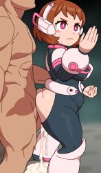 1boy 1girl alternate_height arm_at_side arm_up ass ass_press black_bodysuit bodysuit boku_no_hero_academia breasts brown_hair clenched_hand closed_mouth cum cum_in_pussy cum_overflow cum_pool eyebrows eyelashes fingernails hetero huge_ass kabeume looking_afar medium_breasts pink_bodysuit pink_eyes plump rape serious sex sex_from_behind short_hair shortstack solo_focus sweat torn_bodysuit torn_clothes two-tone_bodysuit uraraka_ochako vaginal  rating:Explicit score:71 user:Only_Kemonomimi