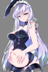 1girl animal_ears ass azur_lane belfast_(azur_lane) black_hairband blue_eyes breasts chain cleavage collar commentary_request fake_animal_ears grey_background hairband highres leotard light_purple_hair long_hair looking_at_viewer maid_headdress medium_breasts oputon playboy_bunny rabbit_tail simple_background solo standing tail thighhighs twisted_torso rating:Questionable score:25 user:danbooru