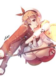 1girl artist_request ass atelier_(series) atelier_ryza bare_shoulders blush boots breasts brown_eyes brown_hair hair_ornament hairclip hat looking_at_viewer red_shorts reisalin_stout shiny_clothes shiny_skin short_hair short_shorts shorts smile solo staff thigh_boots thighhighs rating:Questionable score:10 user:armorcrystal