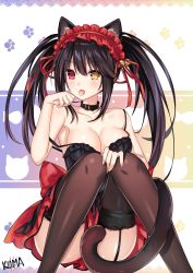  1girl :p animal_ears ass asymmetrical_hair bare_shoulders black_collar black_hair black_thighhighs blush breasts cat_day cat_ears cat_girl cat_tail cleavage clock_eyes collar date_a_live garter_straps hairband hand_on_own_knee hand_to_own_mouth heterochromia highres knees_together_feet_apart lewdkuma licking lolita_hairband long_hair looking_at_viewer medium_breasts no_bra official_alternate_costume paw_pose red_eyes roman_numeral solo spaghetti_strap strap_slip symbol-shaped_pupils tail tail_censor thighhighs tokisaki_kurumi tongue tongue_out twintails upskirt yellow_eyes  rating:Sensitive score:55 user:danbooru