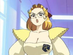  1990s_(style) 1girl animated animated_gif blonde_hair bouncing_breasts breasts ceiling ceiling_light cleavage glasses hallway large_breasts mahou_tsukai_tai! miyama_mizuha retro_artstyle school_uniform solo tagme talking upper_body window  rating:Questionable score:52 user:rokubato