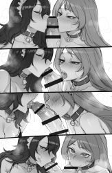2girls bell belt_collar blush boku_no_hero_academia breasts cleavage closed_eyes collar cooperative_fellatio fellatio ffm_threesome greyscale group_sex hadou_nejire half-closed_eyes heart heart-shaped_pupils highres jingle_bell kissing_penis large_breasts looking_at_viewer maid_headdress monochrome multiple_girls neck_bell open_mouth oral penis pov pov_crotch ratatatat74 saliva symbol-shaped_pupils testicle_sucking threesome tokage_setsuna tongue tongue_out rating:Explicit score:560 user:danbooru