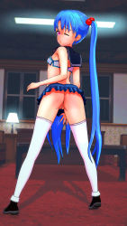  1girl 3d anus ass bare_arms bare_shoulders black_footwear blue_hair blush breasts ceiling_light collar earrings embarrassed feet female_focus freckles from_behind full_body hair_bobbles hair_ornament highres indoors jewelry kyoshourz loli long_hair long_twintails looking_at_viewer looking_back masaki_sasami_jurai microskirt midriff nail_polish night no_bra no_panties pink_eyes pink_nails pussy school_uniform serafuku skirt small_breasts solo standing table tenchi_muyou! thighhighs tiptoes twintails uncensored very_long_hair white_thighhighs window  rating:Explicit score:93 user:sasami