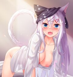  1girl akine_(kuroyuri) animal_ear_fluff animal_ears black_headwear blue_eyes blush breasts cat_ears cat_girl cat_tail downblouse fang hair_between_eyes hair_ornament hairclip hanging_breasts highres indoors large_breasts long_hair long_sleeves looking_at_viewer motion_lines naked_shirt nipples no_bra no_panties open_clothes open_mouth original shirt solo tail white_hair 