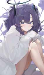  1girl blue_archive blush feet_out_of_frame halo highres long_hair long_sleeves looking_at_viewer mechanical_halo moshiwa_(indigollite) parted_lips puffy_long_sleeves puffy_sleeves purple_eyes purple_hair shirt simple_background solo two_side_up white_background white_shirt yuuka_(blue_archive) 