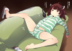 1girl ahoge blush brown_hair cameltoe closed_mouth clothed_masturbation couch headgear headphones loungewear lying masturbation masturbation_through_clothes on_back petenshi_(dr._vermilion) slippers solo spread_legs tagme touhoku_kiritan translation_request voiceroid rating:Explicit score:51 user:danbooru