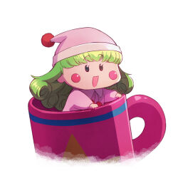 1girl akabino blunt_bangs blush_stickers commentary_request cup green_hair happy hat highres in_container in_cup long_hair mini_person minigirl mirumo_de_pon! mug nightcap pajamas pink_hat pink_pajamas pom_pom_(clothes) riruma simple_background smile solid_oval_eyes solo upper_body white_background wing_collar