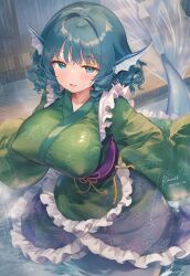  ass blue_eyes blue_hair breasts highres huge_ass in_water large_breasts light_smile mermaid monster_girl open_mouth rain rainot short_hair signature touhou wakasagihime 