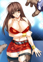 1girl streets_of_rage bare_shoulders belt blaze_fielding bra breasts brown_eyes brown_hair cleavage clenched_teeth defeat highres imminent_rape large_breasts long_hair looking_at_viewer midriff miniskirt panties sega skirt smash_daisaku teeth thighhighs torn_clothes underwear white_panties wrist_cuffs  rating:Questionable score:86 user:Tier