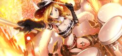  1girl animal_print arm_up armpits artist_request belt belt_buckle black_gloves black_panties black_shirt blonde_hair blue_eyes blurry boots braid breasts brown_footwear buckle chromatic_aberration cleavage code_geass code_geass:_lost_stories cow_horns cow_print cowboy_hat cowgirl_(western) crop_top depth_of_field drum drum_set drumsticks dutch_angle female_focus fireworks frilled_shirt frills fringe_trim fur_collar game_cg gloves hair_tie hand_up happy hat heart holding holding_drumsticks holster horned_hat horns instrument jewelry large_breasts leg_tattoo locket looking_at_viewer medium_hair milly_ashford navel non-web_source official_art on_stool outstretched_arm panties parted_lips pendant print_hat shirt sidelocks sitting sleeveless sleeveless_shirt smile solo spurs star_(symbol) stomach sweat tattoo teeth thigh_boots thighs tile_floor tiles twin_braids underwear 