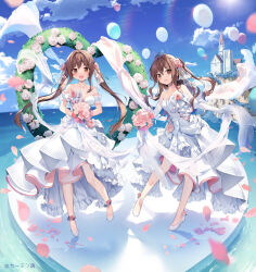  2girls anklet aomi_kanon aomi_maika bare_shoulders blue_sky blush bouquet breasts bride brown_eyes brown_hair cherry_blossoms cleavage cliff cloud collarbone day dress dress_flower elbow_gloves floating_hair flower gloves hair_between_eyes hair_flower hair_ornament holding holding_bouquet jewelry karory long_hair looking_at_viewer medium_breasts multiple_girls ocean open_mouth original petals pink_flower pink_rose rose siblings sisters sky smile strapless strapless_dress tiara twins twintails wedding_dress white_dress wind 