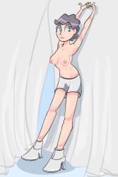  1girl absurdres blue_eyes breasts collarbone creatures_(company) diantha_(pokemon) filthydoe full_body game_freak high_heels highres medium_breasts nintendo nipples pokemon pokemon_xy short_hair smile solo standing stretching topless  rating:Questionable score:10 user:filthydoe
