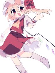  1girl ascot blonde_hair blush bow chicachang crystal flandre_scarlet full-face_blush hat hat_ribbon jumping mob_cap one_side_up open_mouth puffy_short_sleeves puffy_sleeves red_eyes ribbon short_sleeves side_ponytail skirt solo teeth touhou upper_teeth_only 