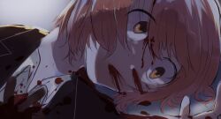  1girl akai_ringo_(eveyuno) bad_end blood blood_from_mouth blood_on_clothes blood_on_face brown_eyes collared_shirt commentary death english_commentary highres lying nosebleed original pink_hair ryona shirt short_hair solo tears wide-eyed 