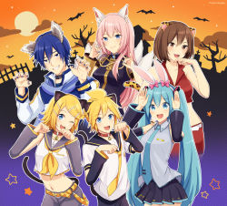  2boys 4girls :3 :d ;3 ;d animal_ears aqua_eyes aqua_hair aqua_necktie artist_name bare_shoulders bass_clef bell belt black_collar black_sailor_collar black_shirt black_shorts black_skirt black_sleeves blonde_hair blue_eyes blue_hair blue_nails blue_scarf blush bodystocking bow breasts brother_and_sister brown_eyes brown_hair cat_ears cat_tail claw_pose coat collar collarbone collared_shirt commentary_request cowboy_shot crop_top cropped_legs detached_sleeves double_fox_shadow_puppet fake_animal_ears fake_tail fang fox_ears fox_shadow_puppet fox_tail grey_shirt hair_between_eyes hair_bow hair_ornament hairclip halloween hands_up hatsune_miku kagamine_len kagamine_rin kaito_(vocaloid) large_breasts long_hair long_sleeves looking_at_viewer medium_breasts megurine_luka meiko_(vocaloid) midriff miniskirt multiple_boys multiple_girls multiple_tails nail_polish navel neck_bell neckerchief necktie nokuhashi one_eye_closed open_mouth paw_pose pink_hair pleated_skirt rabbit_pose red_collar red_vest sailor_collar scarf shirt short_hair short_sleeves shorts siblings sidelocks skirt sleeveless sleeveless_shirt smile standing tail teeth tiger_ears tiger_tail treble_clef twins twintails upper_teeth_only very_long_hair vest vocaloid white_belt white_coat white_shirt yellow_belt yellow_neckerchief  rating:General score:4 user:danbooru