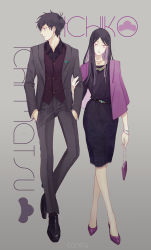 10s 1boy 1girl _canto alternate_costume artist_name bag black_dress black_footwear black_hair black_jacket black_pants black_shirt bracelet buttons character_name closed_mouth collarbone collared_shirt dress dress_shirt earrings formal frown full_body grey_background half-closed_eyes hand_on_another&#039;s_arm handbag hands_in_pockets high_heels highres holding holding_bag ichiko_(osomatsu-san) jacket jacket_on_shoulders jewelry long_hair long_sleeves looking_at_viewer looking_away matsuno_ichimatsu messy_hair multicolored_hair nail_polish necklace osomatsu-kun osomatsu-san osomatsu_(series) pants purple_eyes purple_footwear purple_hair purple_jacket purple_nails sash shirt shoes short_hair standing striped_clothes striped_shirt suit swept_bangs two-tone_hair vest