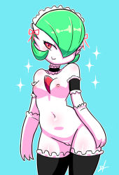  1girl breasts creatures_(company) disfigure game_freak gardevoir gen_3_pokemon gloves green_hair hair_over_one_eye maid naughty_face nintendo pokemon pokemon_(creature) smile solo stomach tagme thick_thighs thighhighs thighs topless white_gloves  rating:Explicit score:116 user:FutanariDude