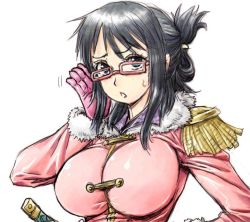  1girl amania_orz black_hair breasts female_focus glasses large_breasts looking_at_viewer one_piece shiny_clothes short_hair solo sweat sweatdrop sword tashigi weapon white_background  rating:Sensitive score:47 user:fakyuh