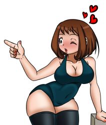  10s 1girl black_thighhighs blush boku_no_hero_academia breasts brown_eyes brown_hair cleavage covered_navel curvy heart highres large_breasts leotard matching_hair/eyes medium_hair one_eye_closed simple_background skindentation solo steca tagme thick_thighs thighhighs thighs uraraka_ochako white_background wide_hips wink  rating:Questionable score:9 user:steca