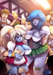  2girls 6+boys alcohol beer beer_mug blonde_hair blue_hair blue_skin bow_legwear grabbing_another&#039;s_breast breasts cleavage colored_skin cup dirndl german_clothes grabbing highres large_breasts league_of_legends long_hair mug multiple_boys multiple_girls panties pointy_ears poppy_(league_of_legends) purple_eyes purple_skin red_eyes shyvana thighhighs twintails underwear waitress white_legwear white_panties  rating:Sensitive score:25 user:omega999