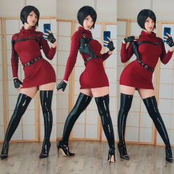  1girl ada_wong ada_wong_(cosplay) black_hair cosplay legs long_legs multiple_views pervert presenting prostitution real_life resident_evil selfie sexually_suggestive short_hair solo solo_focus 