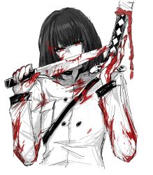  1girl ashi_(dongshi389) black_hair blood blood_in_hair blood_on_arm blood_on_clothes blood_on_face blood_on_hands blood_stain bloody_knife highres katana knife limbus_company official_alternate_costume project_moon red_eyes ryoshu_(project_moon) sheath simple_background solo sword upper_body weapon white_background  rating:General score:3 user:danbooru